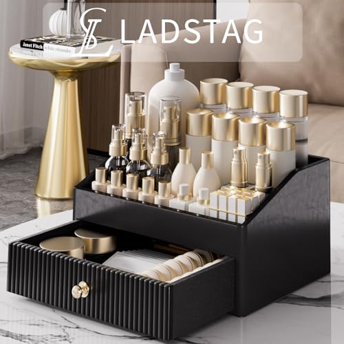 LADSTAG Vanity OrganizerLeather Skin Organizers with 1 DrawerTrayLarge Capacity Black Vanity Organizers and Storage for LipstickBedroomBathroomMothers Day GiftsGift for Women - Image 3