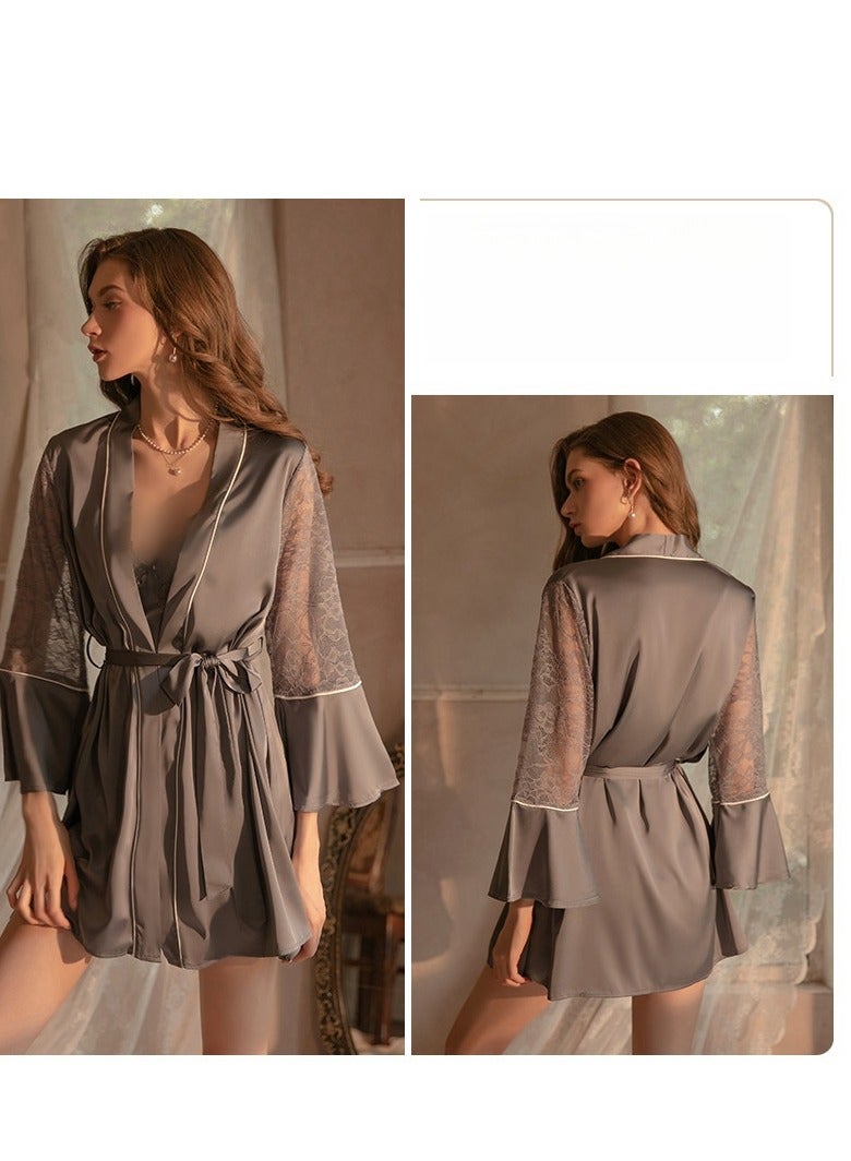 New Satin Lace Chest Cuhion Suspender Nightgown, Women's Lace Up Nightgown, Home Wear Four Piece S - Image 1