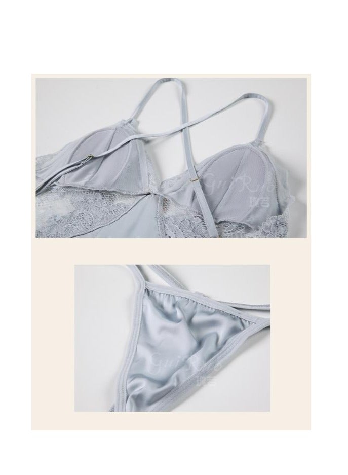 New Satin Lace Chest Cuhion Suspender Nightgown, Women's Lace Up Nightgown, Home Wear Four Piece S - Image 4