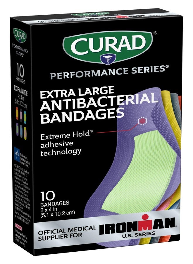 CURAD Performance Series IRONMAN Antibacterial Bandages, Extreme Hold Adhesive Technology, Extra Large Flexible Fabric Bandages for Cuts, Scrapes, & Burns, Assorted Colors, 2 x 4 inches, 10 Count - Image 1