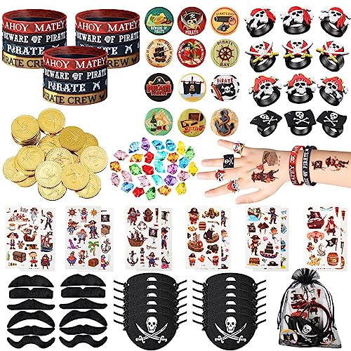 Harrycle 144 Pcs Pirate Party Favors Supplies Include Pirate Bracelet Nautical Tattoo Button Pin Eye Patch Gold Coin Gem Ring Mustache Organza Bag for Kids Boy Pirate Birthday Party Goodie Bag Fillers - Image 1