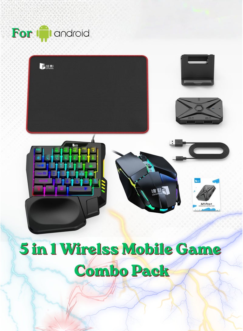 M1 Pro+ Wireless Game 5-in-1 Mobile Gaming Combo Pack with RGB Gaming Keyboard, RGB Gaming Mouse, Mouse Pad, Mobile Stand & USB Receiver – Mobile Gaming Keyboard Mouse Set for PUBG, Free Fire, Call of Duty, Android Smartphones - Image 1