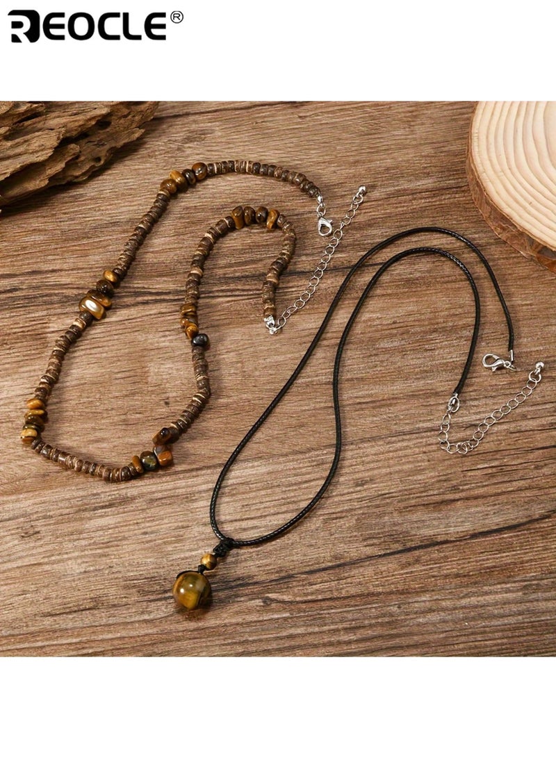 REOCLE Elegant Tiger Eye and Turquoise Coconut Shell Beaded Necklace Set Adjustable Rope Handcrafted with Natural Stone Beads Perfect for Men Stylish Accessory - Image 3