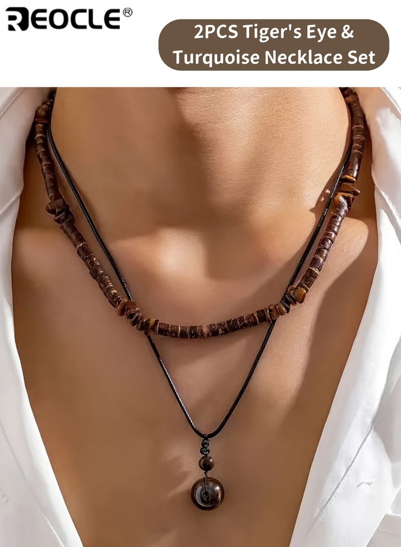 REOCLE Elegant Tiger Eye and Turquoise Coconut Shell Beaded Necklace Set Adjustable Rope Handcrafted with Natural Stone Beads Perfect for Men Stylish Accessory - Image 1