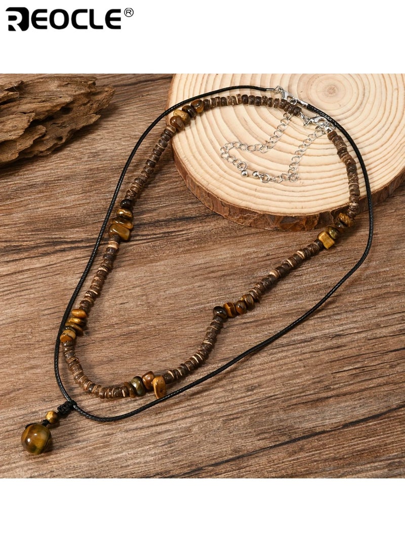 REOCLE Elegant Tiger Eye and Turquoise Coconut Shell Beaded Necklace Set Adjustable Rope Handcrafted with Natural Stone Beads Perfect for Men Stylish Accessory - Image 2