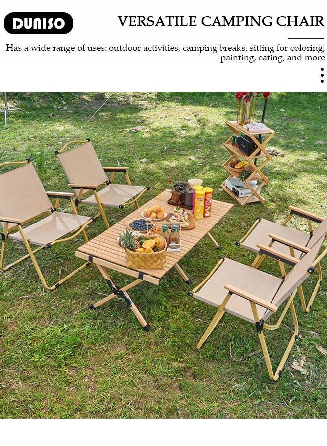DUNISO كرسي تخييم قابل للطي، كرسي خفيف الوزن للتنزه، أثاث شواء محمول قابل للطي فائق الخفة، كرسي سفر بإطار معدني ومسند ذراع خشبي، كرسي شاطئ مدمج للتنزه، الصيد، السفر، الشاطئ، الشواء - Image 4