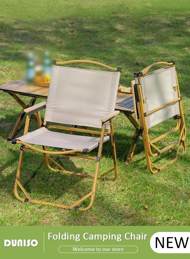 DUNISO كرسي تخييم قابل للطي، كرسي خفيف الوزن للتنزه، أثاث شواء محمول قابل للطي فائق الخفة، كرسي سفر بإطار معدني ومسند ذراع خشبي، كرسي شاطئ مدمج للتنزه، الصيد، السفر، الشاطئ، الشواء - Image 1