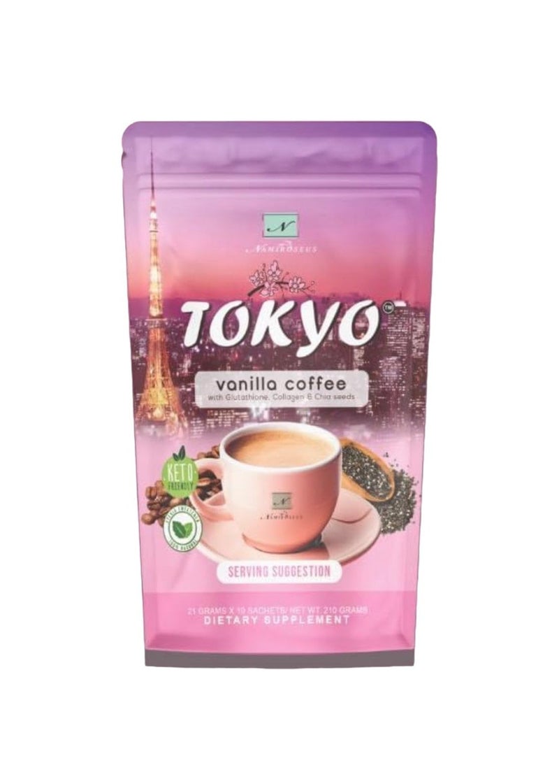 طوكيو ناميروزيوس طوكيو قهوة بالفانيليا – 10 أكياس × 21 جم مع الجلوتاثيون والكولاجين وبذور الشيا – مناسبة للكيتو وتغذي البشرة - Image 1