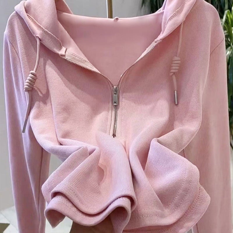2023 Womens Casual Hoodie Solid Irregular Long Sleeve Tee Pink  - Image 1