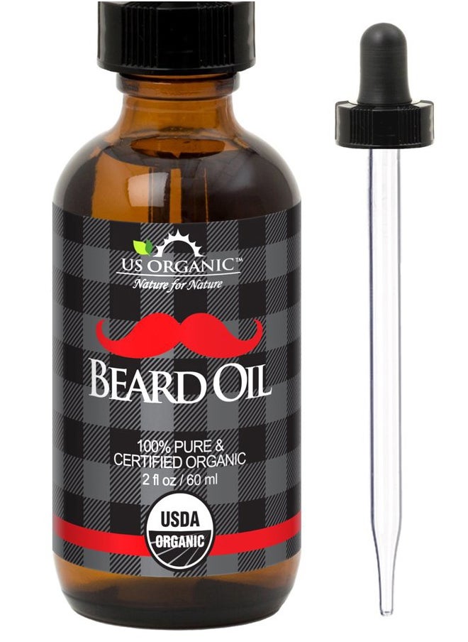 US Organic - Beard Oil, 100% Pure, USDA Certified, Softens, shine, moisturizes, Amber Glass Bottle with Eye Dropper, 2 Ounce - Image 1