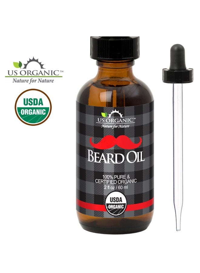US Organic - Beard Oil, 100% Pure, USDA Certified, Softens, shine, moisturizes, Amber Glass Bottle with Eye Dropper, 2 Ounce - Image 1