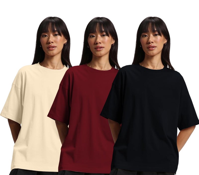 JUNEBERRY® Pure Cotton Drop Shoulder Oversized Baggy Fit Half Sleeve Plain Solid Round Neck Multicolor T-Shirt for Women & Girls (Pack of 3) (PO3_OS_J_MR_BK_SW_S) - Image 1