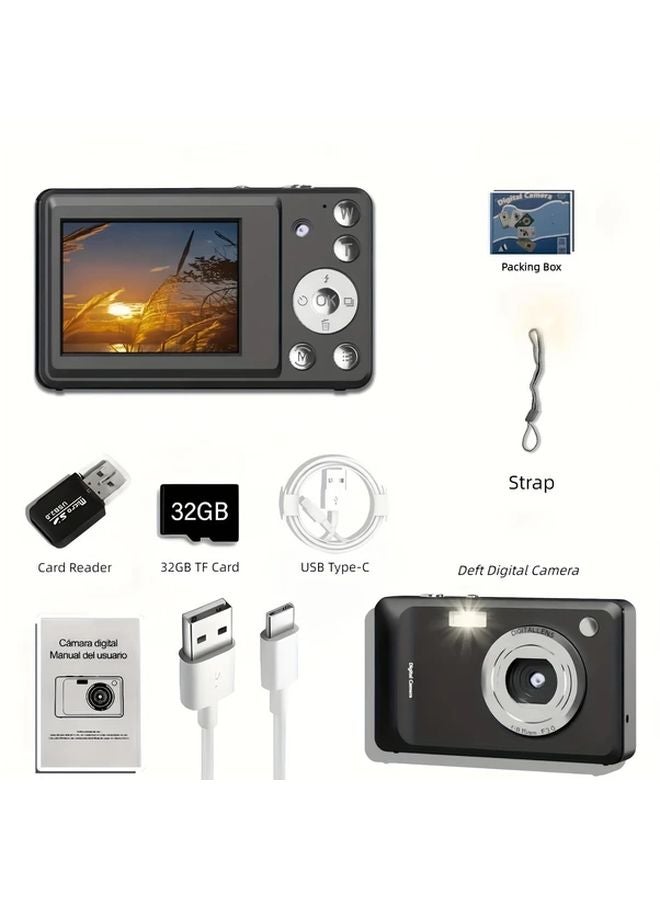 Black Digital Camera 1080P HD Vlogging Anti Shake Rechargeable Battery 32G TF Card USB Type C - Image 1