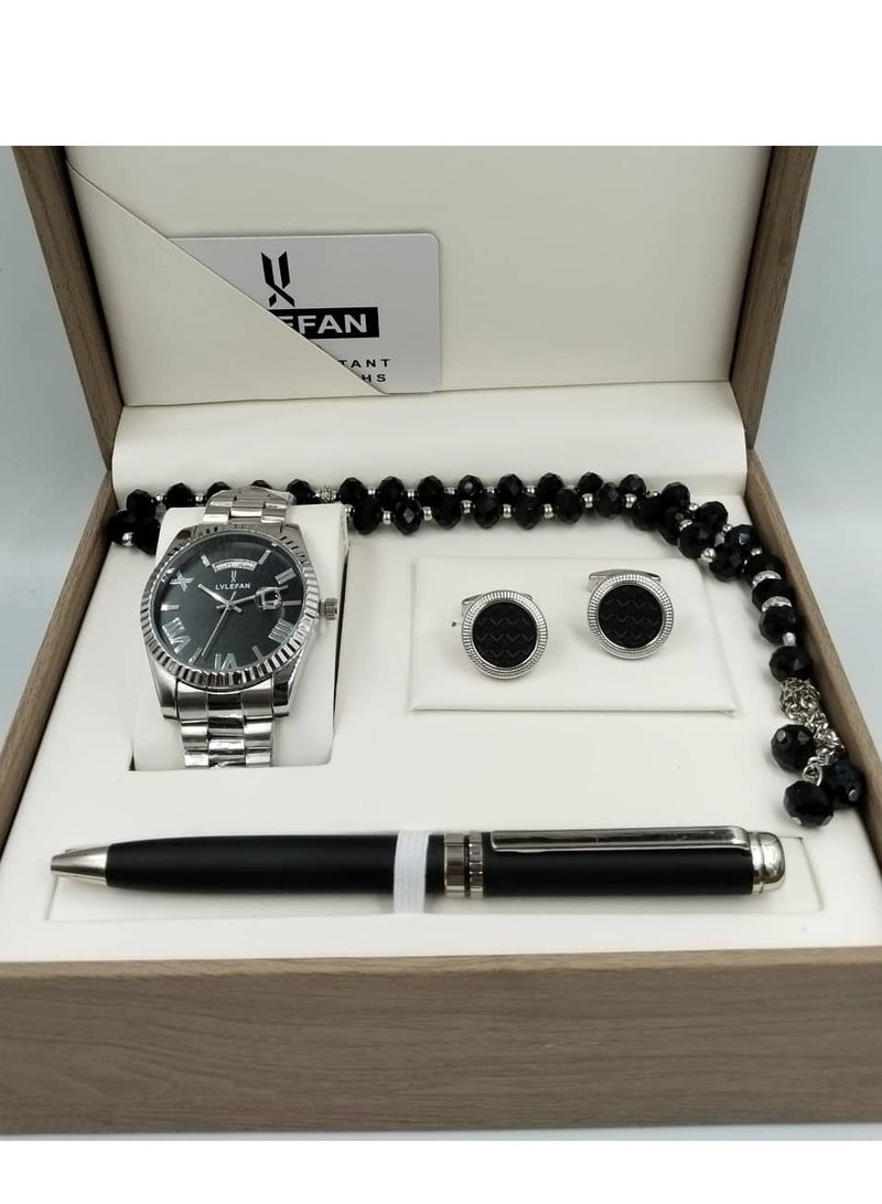 ليفان طقم هدية ساعة رجالية راقية و بجودة عالية, سوار فضي مع ميناء أسود مع عرض التاريخ
