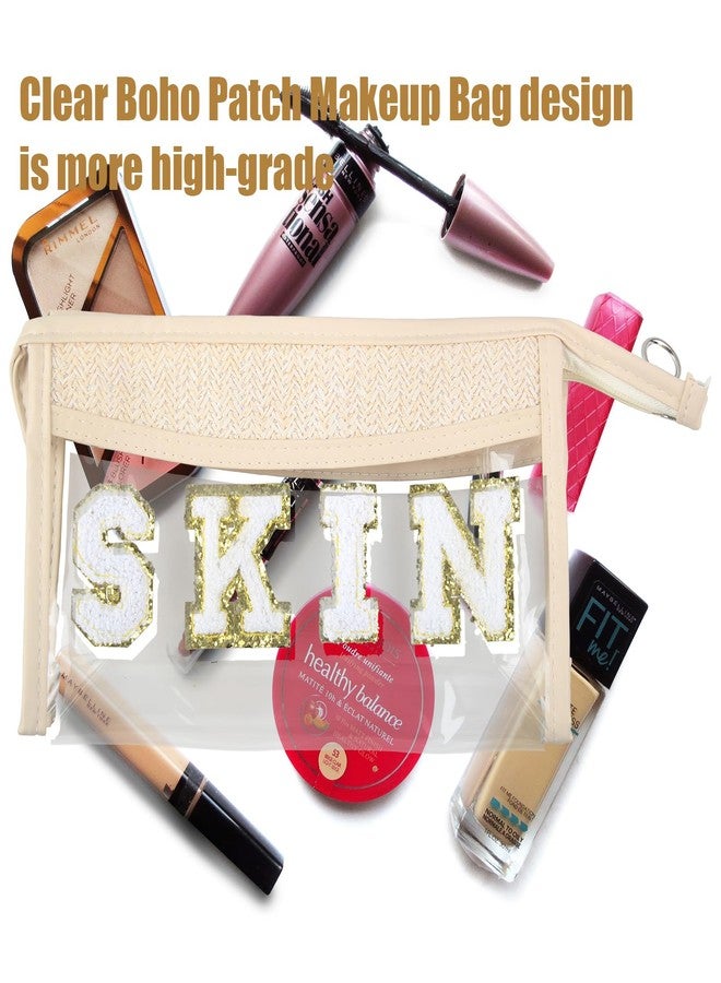 newplenty Clear Boho Patch Makeup Bag, Letter BEACH Cosmetic Bag, Transparent Travel Toiletry Bag, Waterproof Snacks Bag, Zipper Sunscreen Bag Gift for Women Girls (Beach) - Image 2