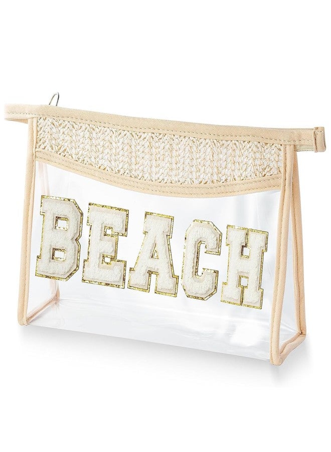 newplenty Clear Boho Patch Makeup Bag, Letter BEACH Cosmetic Bag, Transparent Travel Toiletry Bag, Waterproof Snacks Bag, Zipper Sunscreen Bag Gift for Women Girls (Beach) - Image 1