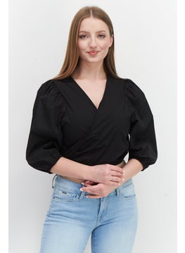 In the style Women V Neck Long Sleeve Tie Front Solid Crop Top, Black  - Image 1