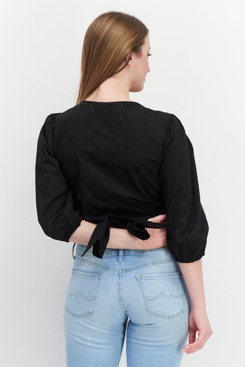 In the style Women V Neck Long Sleeve Tie Front Solid Crop Top, Black - Image 2