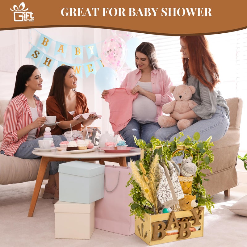GiftAmaz Wooden Baby Shower Crate Closet, Baby Storage Crate Hamper with Handle, Basket for Baby Shower Gifts, Welcome Gift Basket for Newborn Boys Girls, Pregnancy Gifts for New Parents - Image 2