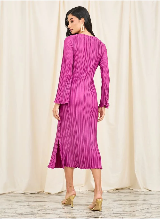Styli Plisse Selg Tie Up Flared Hem Midi Dress