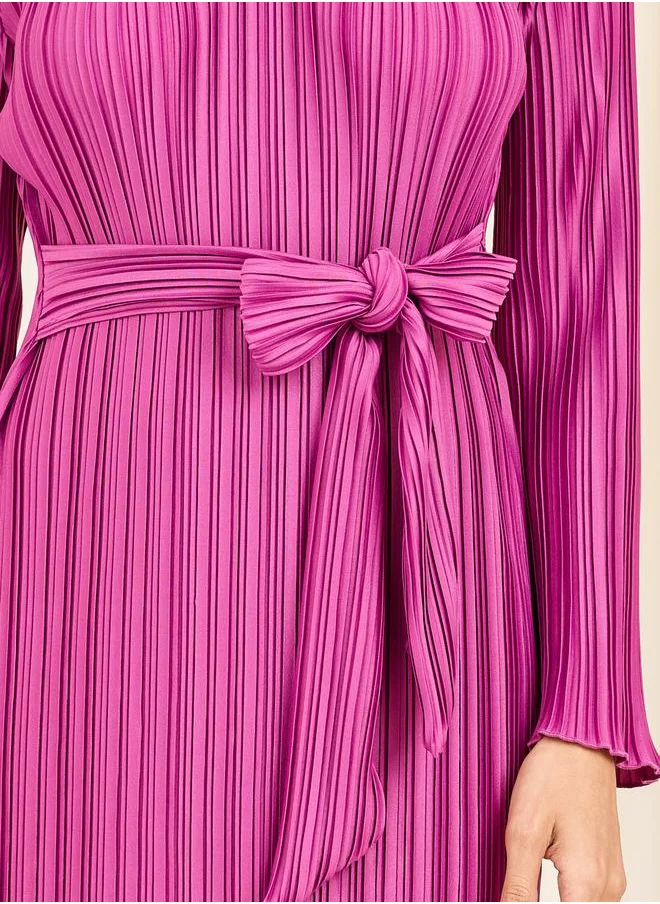 Styli Plisse Selg Tie Up Flared Hem Midi Dress