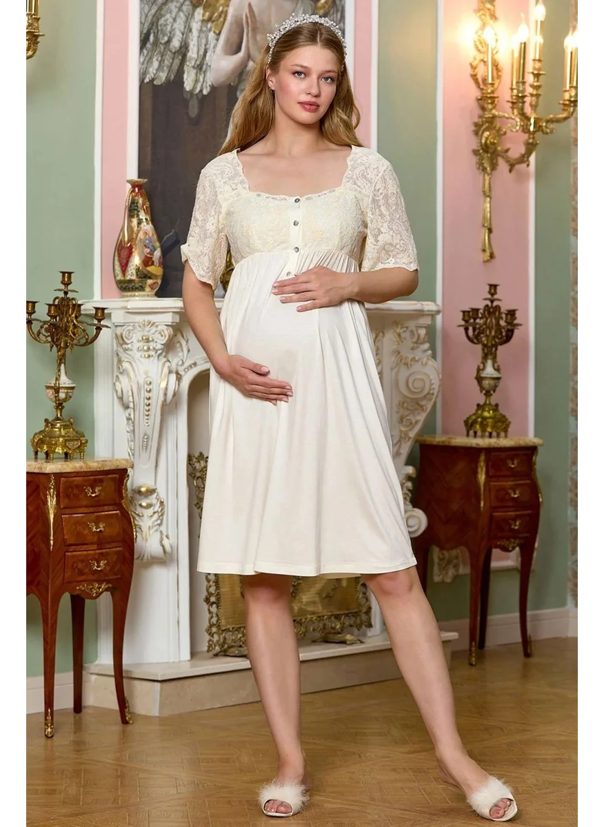 Cossy By Aqua 25129 Maternity Short Sleeve Lace Nightgown-Cream