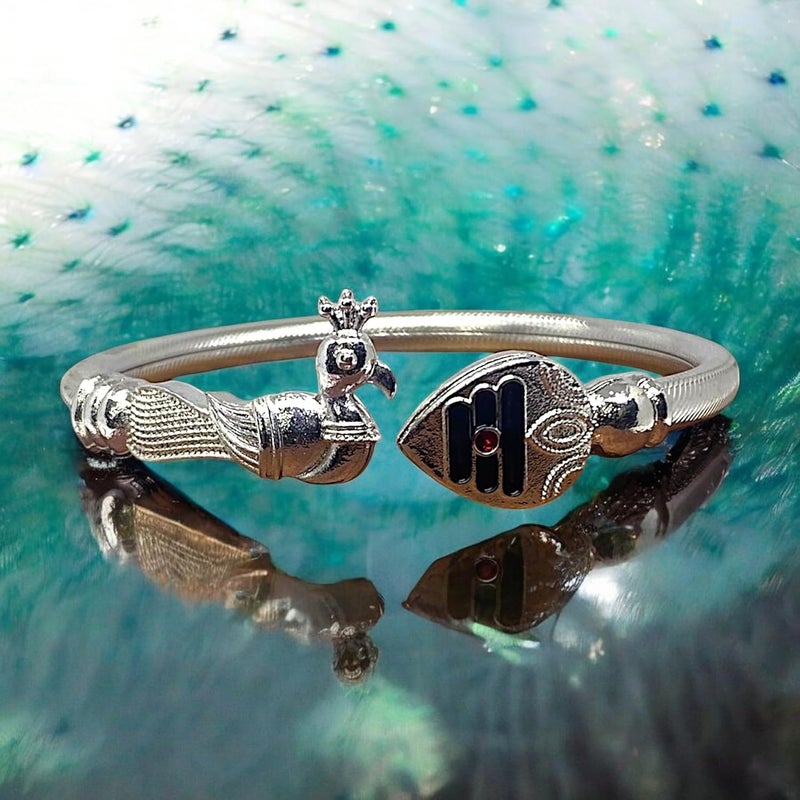Upbeat Adjustable Vel & Mayil Metal Silver color Bracelet/kappu/kadda I Unisex jewelry I Lightweight & Comfortable Fit I Unisex, Modern, and Durable - Image 3