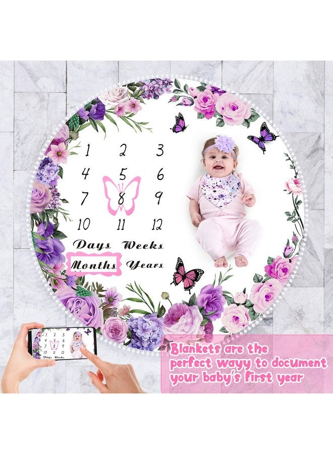 Chumia Chumia 6 Pcs Monthly Baby Milestone Blanket for Baby Girls Boys Set Baby Age Blanket Baby Month Blanket Newborn Growth Chart Blanket with Bandana Frame Headband for Background (Purple,Elegance Style)  - Image 4