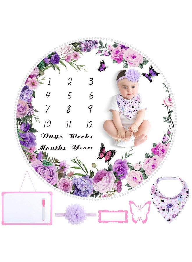Chumia Chumia 6 Pcs Monthly Baby Milestone Blanket for Baby Girls Boys Set Baby Age Blanket Baby Month Blanket Newborn Growth Chart Blanket with Bandana Frame Headband for Background (Purple,Elegance Style)  - Image 1