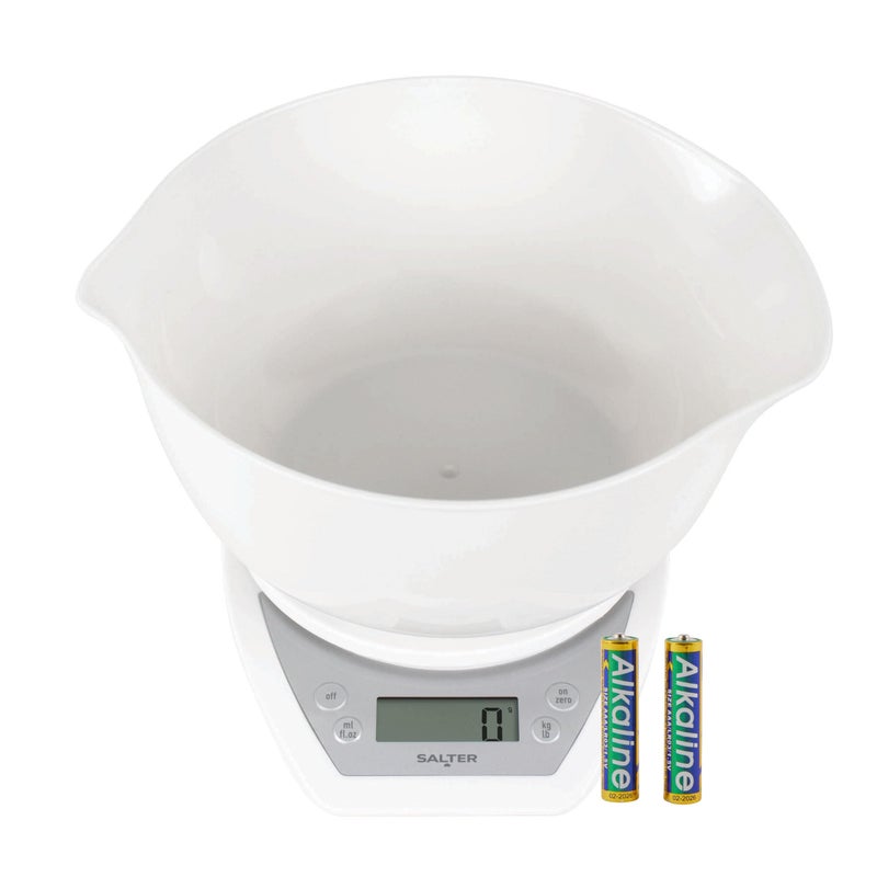 Salter 1024 WHDR14 Dual Pour Digital Kitchen Scale  Includes 2L Mixing Bowl Wide  Narrow Pouring Spouts for Wet  Dry Ingredients Measure Liquids Add  Weigh Easy Read LCD Display 5kg Capacity