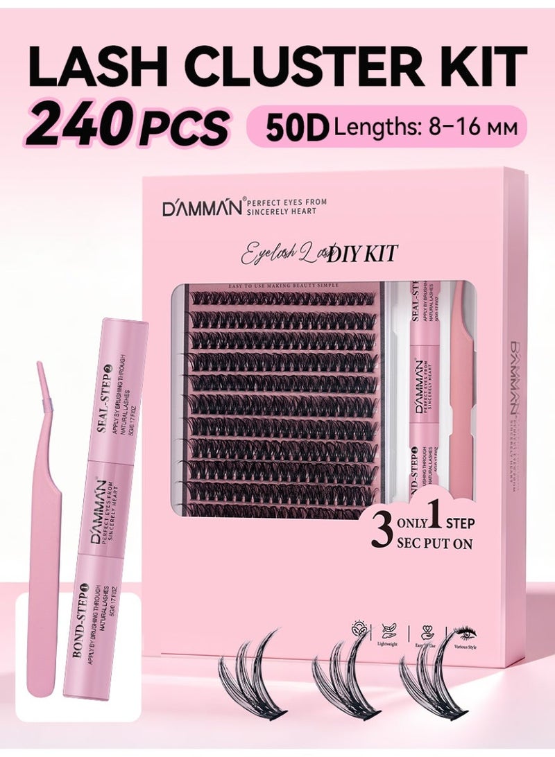 D'AMMA'N 240PCS 50D Cluster False Eyelashes, DIY Individual Lash Extension Kit, D Curl, Mixed Lengths 8-16mm, Ultra Mega Volume Dramatic Wispy Lash Look, Bond & Seal Glue, Tweezers & Applicator, Soft Lightweight False Eyelashes, Beginner Friendly, Easy to Apply at Home - Image 1