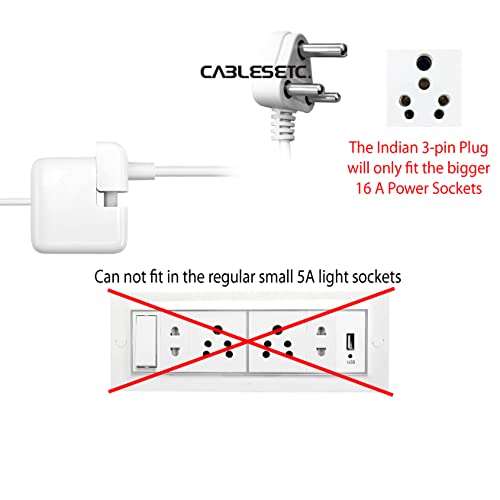 CABLESETC 3 pin 16A Indian Plug Replacement Power Adapter Extension Wall Cord Compatible for Mac MB Air Pro Laptop (White) 1.8m 6 feet (Indian Plug) - Image 3