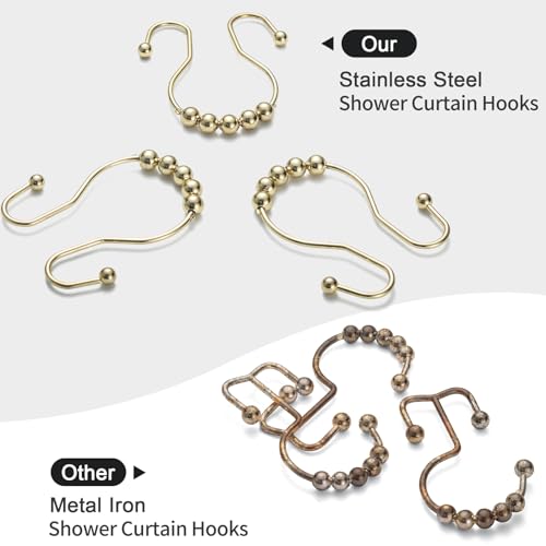 Goowin Shower Curtain Hooks, 12 Pcs Shower Curtain Rings, Stainless Steel Gold Shower Curtain Hooks Rings Rust Proof, Smooth Sliding Anti-Drop Double Shower Hooks for Shower Curtain, Rods (Gold) - Image 2