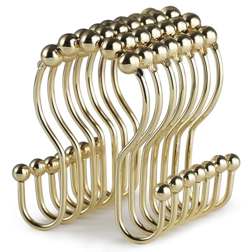 Goowin Shower Curtain Hooks, 12 Pcs Shower Curtain Rings, Stainless Steel Gold Shower Curtain Hooks Rings Rust Proof, Smooth Sliding Anti-Drop Double Shower Hooks for Shower Curtain, Rods (Gold) - Image 1