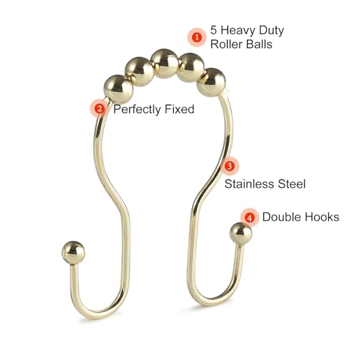 Goowin Shower Curtain Hooks, 12 Pcs Shower Curtain Rings, Stainless Steel Gold Shower Curtain Hooks Rings Rust Proof, Smooth Sliding Anti-Drop Double Shower Hooks for Shower Curtain, Rods (Gold) - Image 4