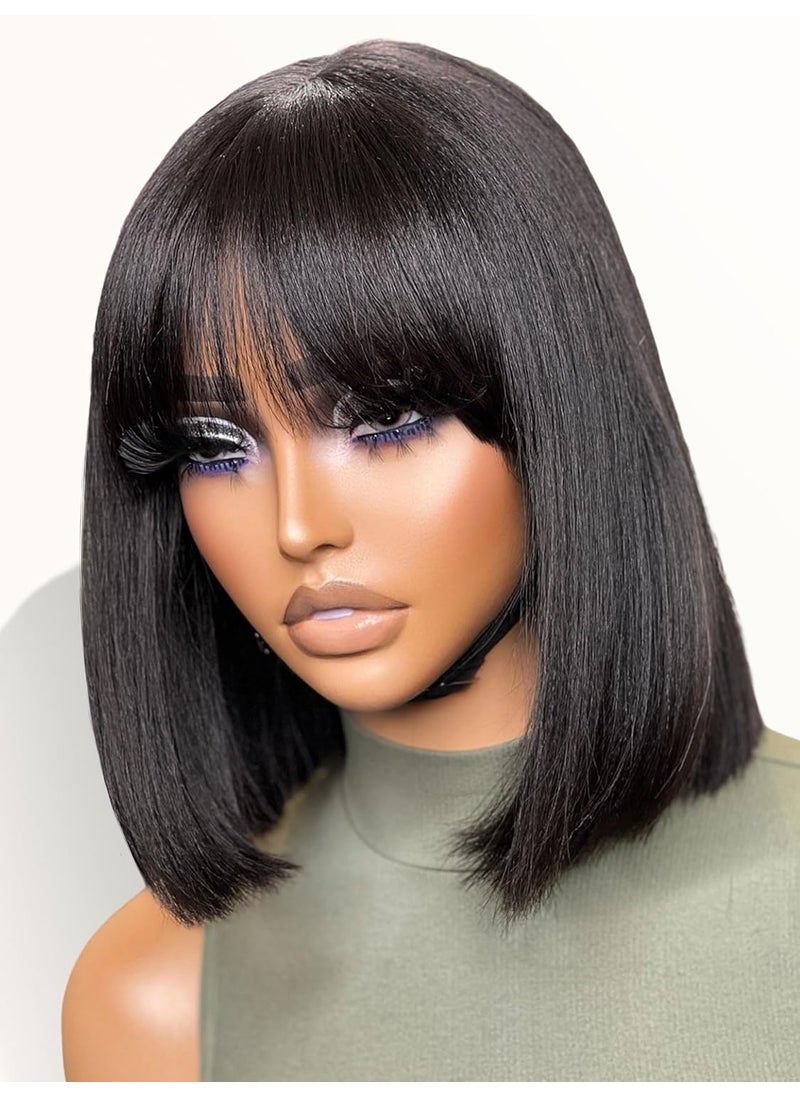 LUVME HAIR - LUVME HAIR 10 Inch Light Yaki Straight Bob Wig with Bangs Human Hair Realistic HD Lace Short Black Bob Wigs Ready to Go Blunt Cut Bob Wig Glueless 180 Density - Image 1