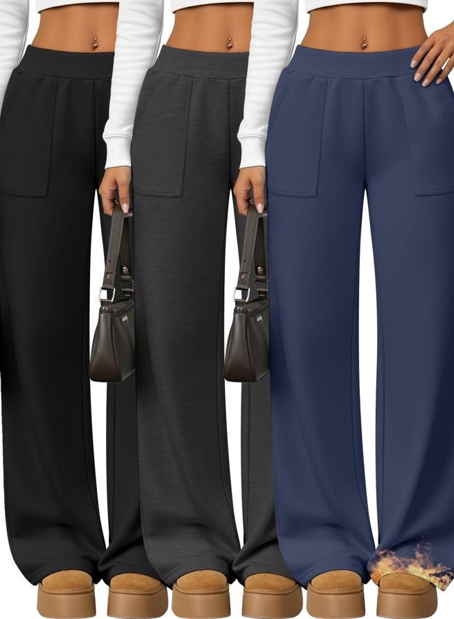 Yearntown 3 Pack Women's Wide Leg Baggy Sweatpants Fleece Elastic Lounge Pants with Pockets Casual Loose Yoga Jogger Pants, Black, Mixed Gray, Dark Blue, M - Image 1