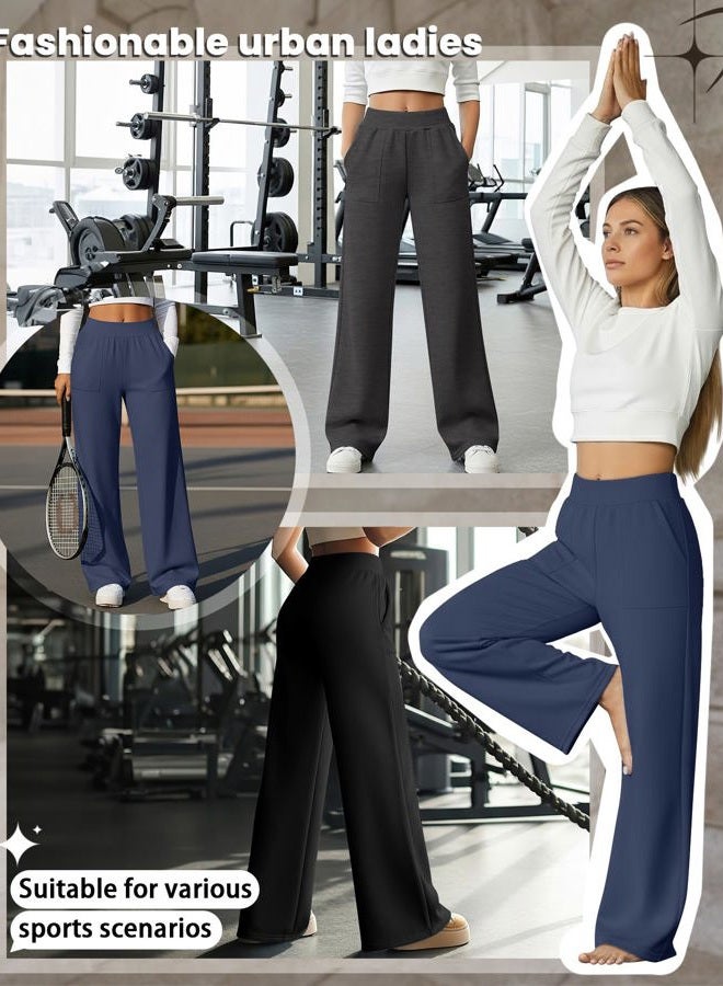 Yearntown 3 Pack Women's Wide Leg Baggy Sweatpants Fleece Elastic Lounge Pants with Pockets Casual Loose Yoga Jogger Pants, Black, Mixed Gray, Dark Blue, M - Image 3