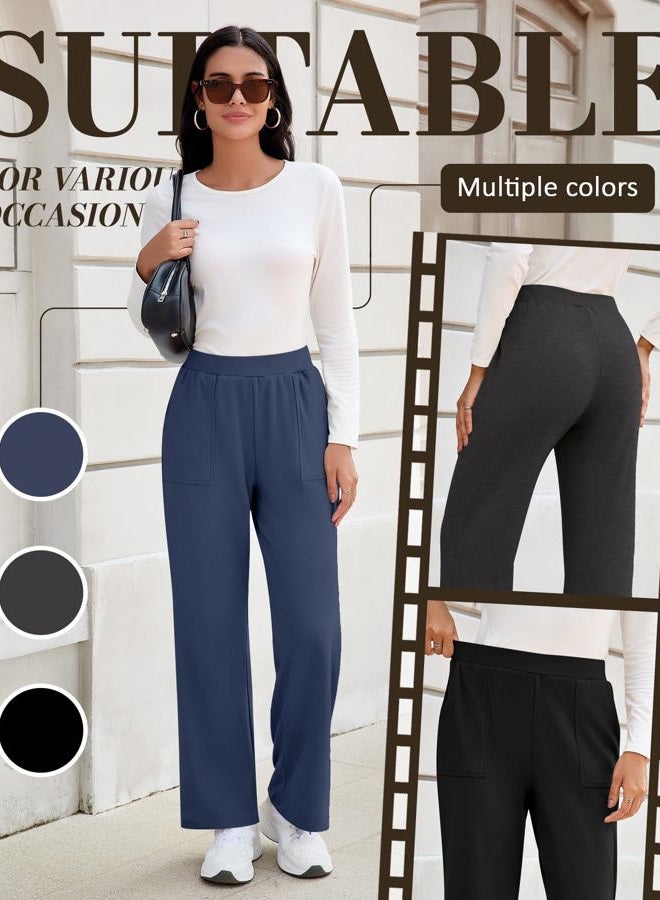 Yearntown 3 Pack Women's Wide Leg Baggy Sweatpants Fleece Elastic Lounge Pants with Pockets Casual Loose Yoga Jogger Pants, Black, Mixed Gray, Dark Blue, M - Image 5