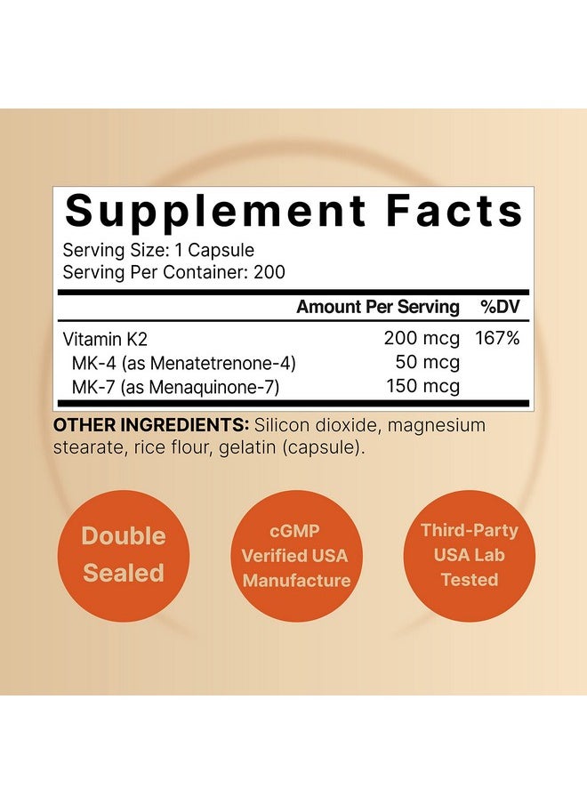 Full Spectrum Vitamin K2 Supplement With Mk7 & Mk4 200 Mcg 200 Capsules 2 In 1 Formula Vitamin K2 Complex Supplement Supports Joint And Heart Health Nongmo