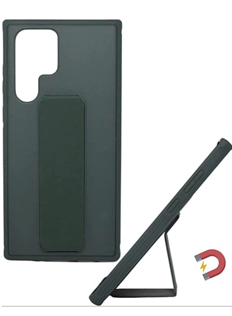 غطاء هاتف سامسونج جالاكسي S23 ألترا مع حامل مغناطيسي ودعامة وقاعدة، حزام يد أفقي ورأسي من السيليكون الفاخر مع قاعدة متعددة لهاتف سامسونج جالاكسي S23 ألترا (أخضر) - Image 3