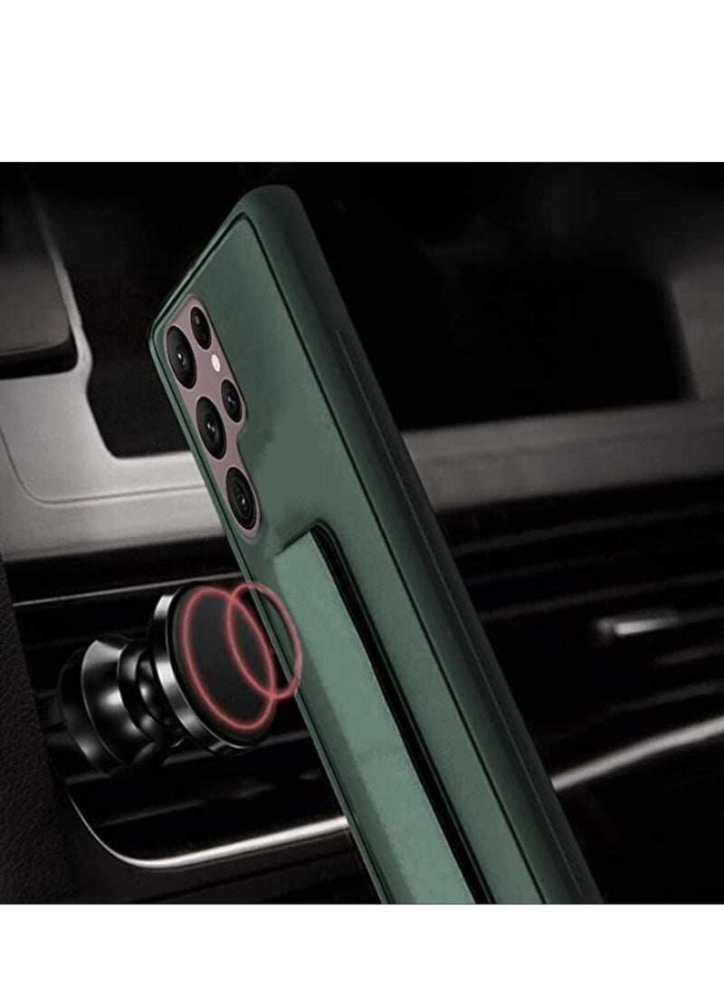 غطاء هاتف سامسونج جالاكسي S23 ألترا مع حامل مغناطيسي ودعامة وقاعدة، حزام يد أفقي ورأسي من السيليكون الفاخر مع قاعدة متعددة لهاتف سامسونج جالاكسي S23 ألترا (أخضر) - Image 4