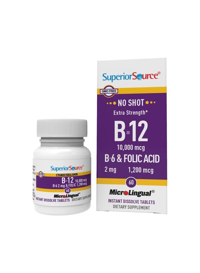 Superior Source No Shot Vitamin B-12 Cyanocobalamin 10000 mcg, B-6, Folic Acid 1200 mcg - Support Brain & Heart Health - 60 Sublingual Dissolving Tablets - Image 1