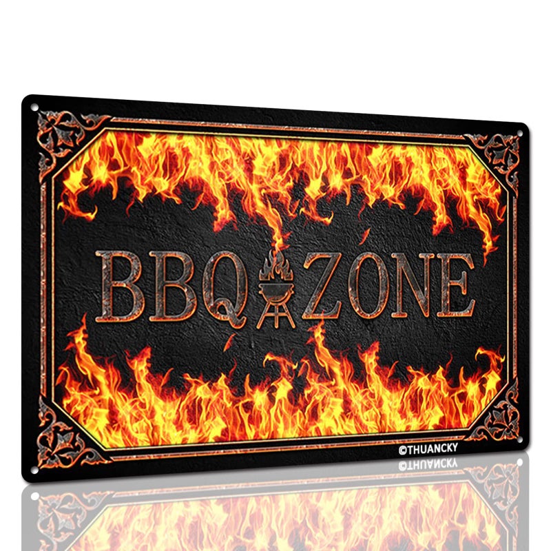 THUANCKY THUANCKY Tin Sign BBQ Zone Backyard BBQ Sign Decorations for Bar Patio Porch Restaurant BBQ Accessories 8 x 12 Inch 
