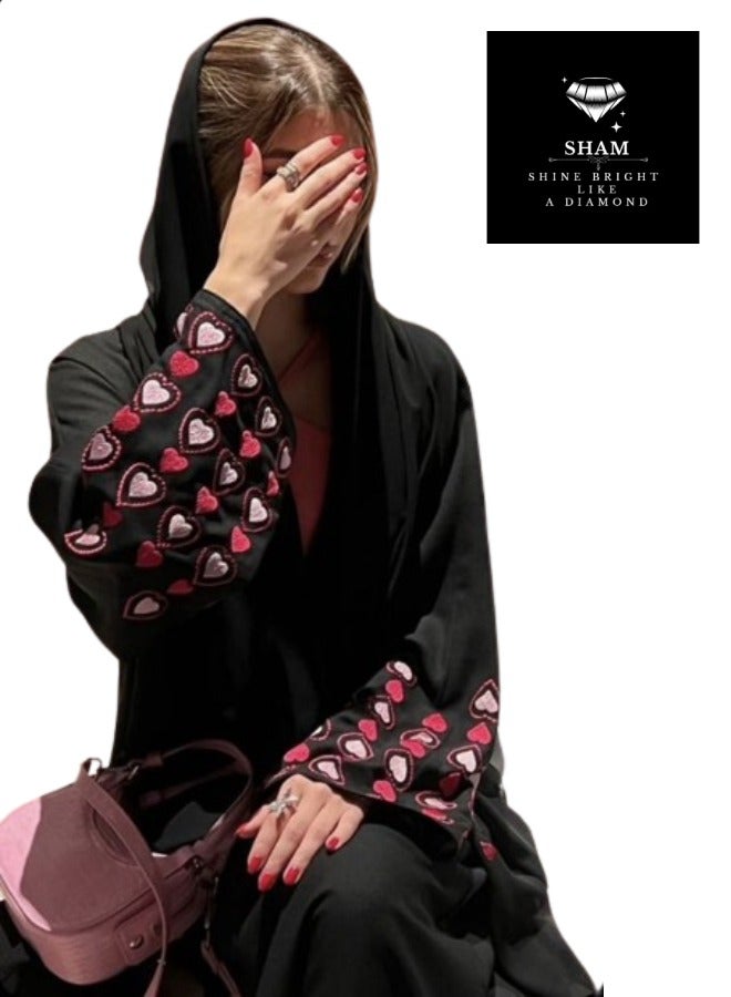 Sham Black Abaya Pink And Red Hearts - Image 1