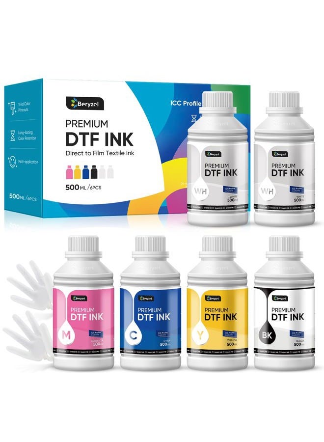 Beryzol حبر DTF متميز 500 مل × 6، مجموعة تحويل حبر DTF، إعادة تعبئة لطابعات DTF إبسون ET-8550، XP-15000، L1800، L805، R1390، R2400، DX7، طباعة نقل الحرارة مباشرة إلى الفيلم (CMYK + 2Wh) - Image 1