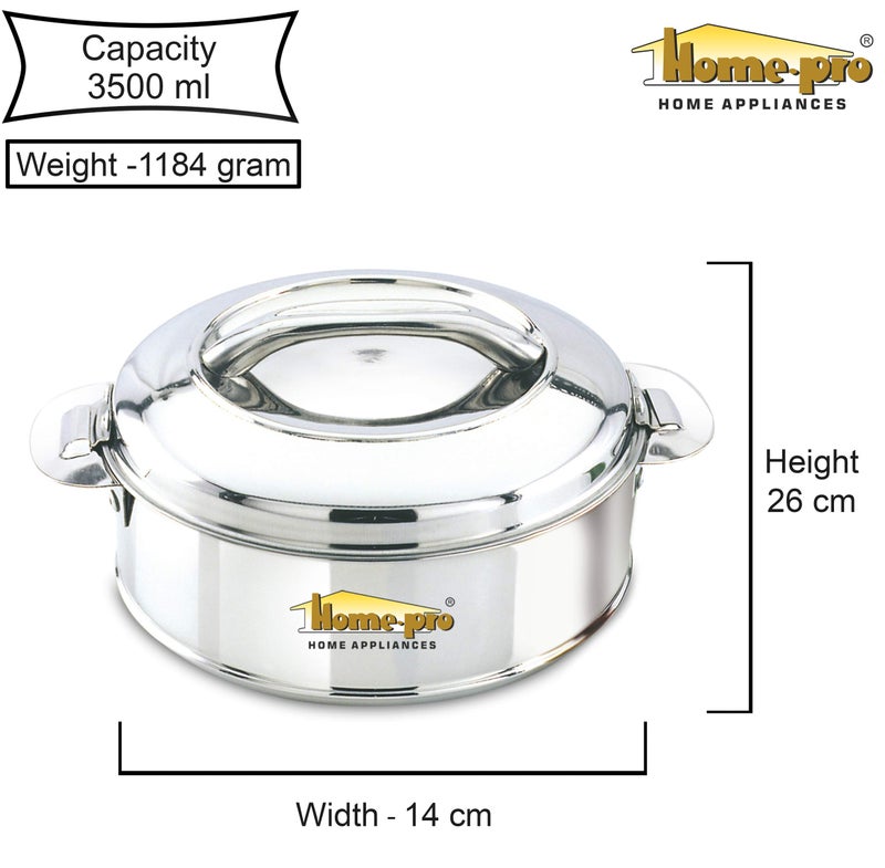 Home Pro Home-pro - Stainless Steel Classy Casserole & Serving Bowl |Hotpot| Double Wall Insulated | hot and Cold | Keeps Food Fresh | Food Safe 3500 ML Silver  - Image 4