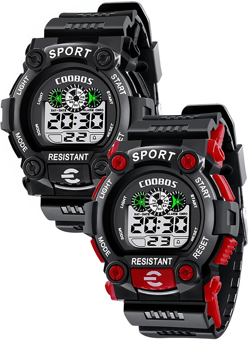 Coobos 2 Pack Kids Water Resistant Rubber Digital Watch Boy's Watch Black/Yellow  - Image 1