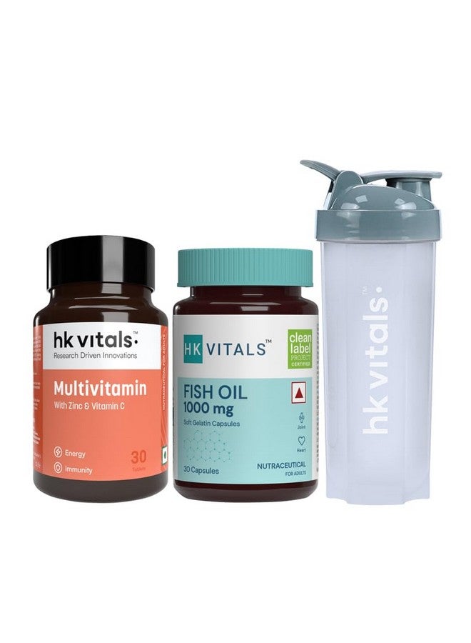 HEALTHKART هيلث كارت hk فيتالس زيت السمك ومكملات الفيتامينات (30 قرص لكل منهما) | 1000 ملغ أوميغا 3 مع 180 ملغ EPA و 120 ملغ DHA | حزمة كومبو مع شاكر، 650 مل - Image 1