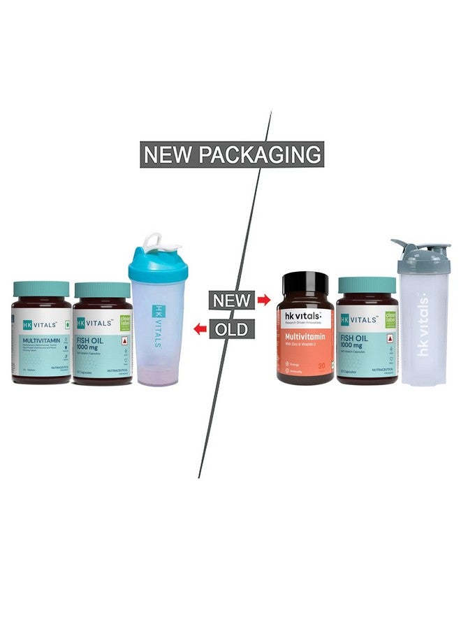 HEALTHKART هيلث كارت hk فيتالس زيت السمك ومكملات الفيتامينات (30 قرص لكل منهما) | 1000 ملغ أوميغا 3 مع 180 ملغ EPA و 120 ملغ DHA | حزمة كومبو مع شاكر، 650 مل - Image 2